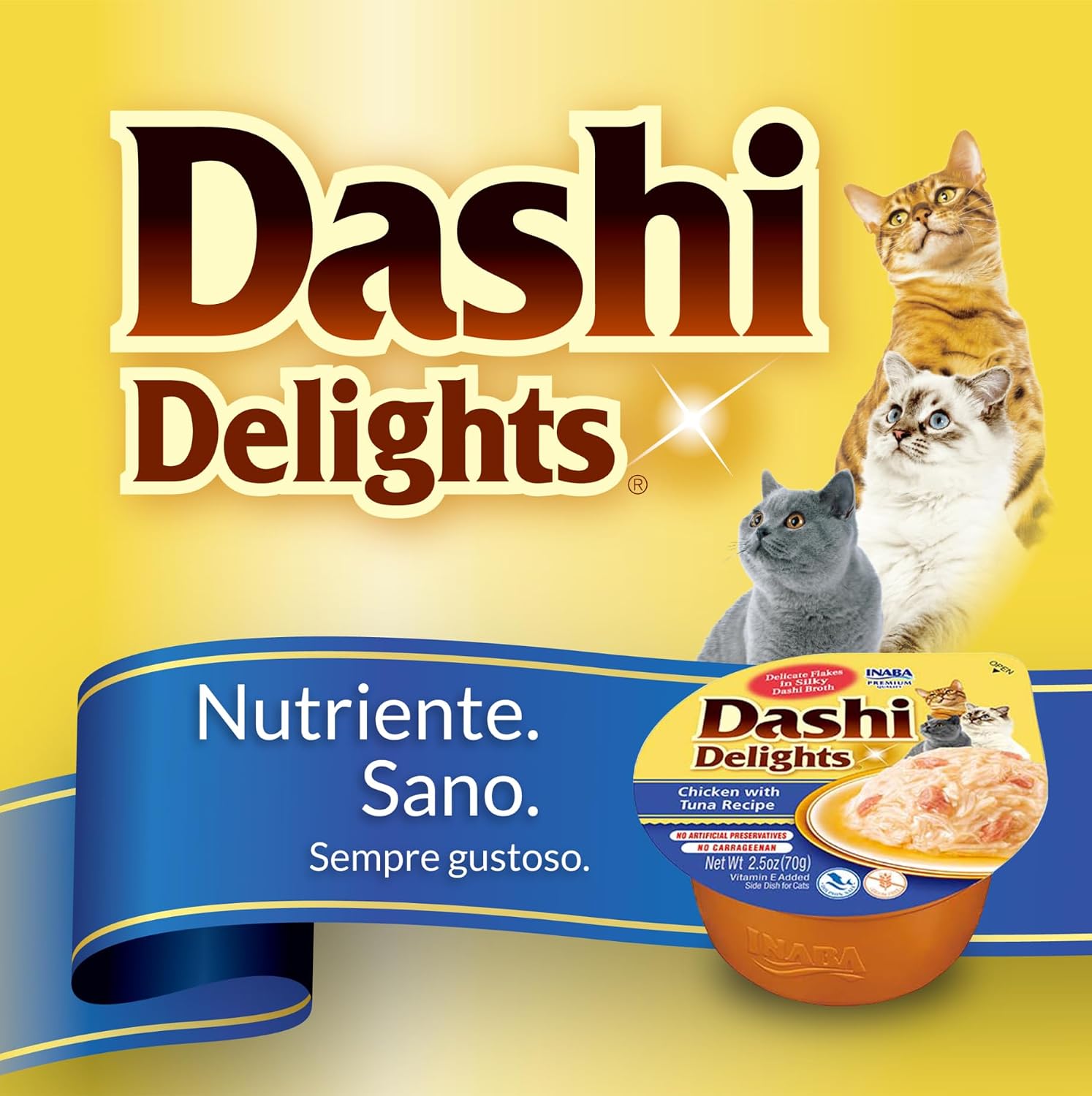 Detalle 2 de INABA Dashi Delights Delicati Fiocchi in Brodo di Pollo con Tonno – Snack umido 6 coppette da 70 g