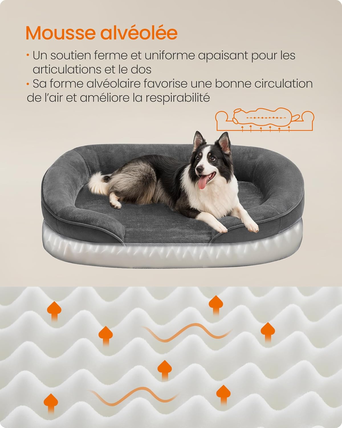 Thumbnail 2 de Feandrea Panier orthopédique pour chien taille grande — 91 x 68 x 18 cm, mousse alvéolée et revêtement hydrofuge