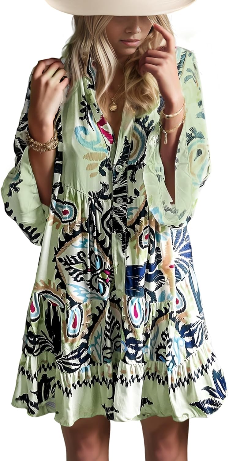 Detalle 2 de Opemiby Summer Dresses for Women 2026: Flowy Ruffle 3/4 Sleeve V-Neck Tiered Babydoll Boho Beach Mini Dress