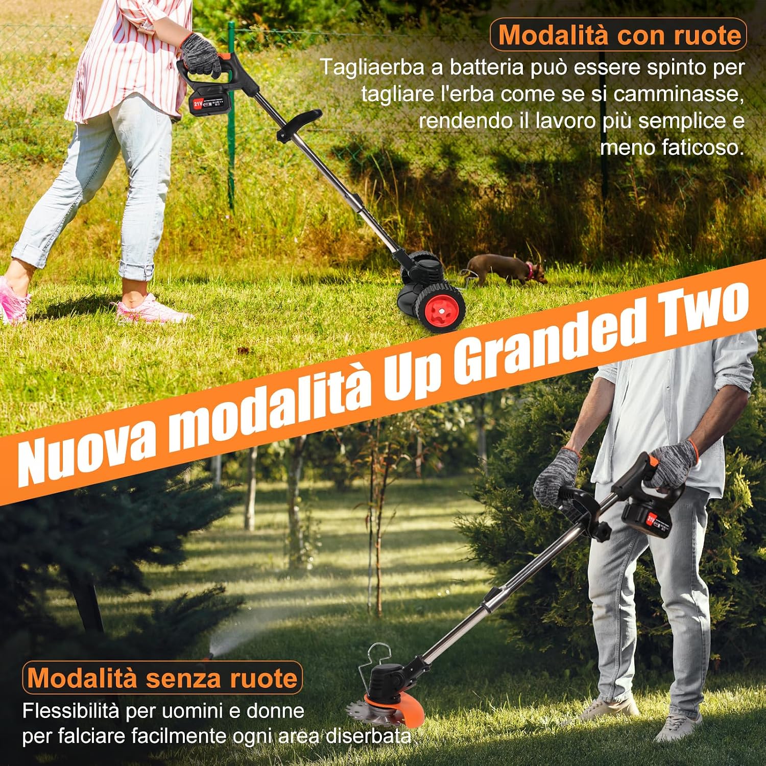 Detalle 2 de Decespugliatore a Batteria 21V con Tagliaerba, 2 Batterie 2.0Ah, 4 Tipi di Lame e Ruote Rimovibili – Versatilità Senza Fili