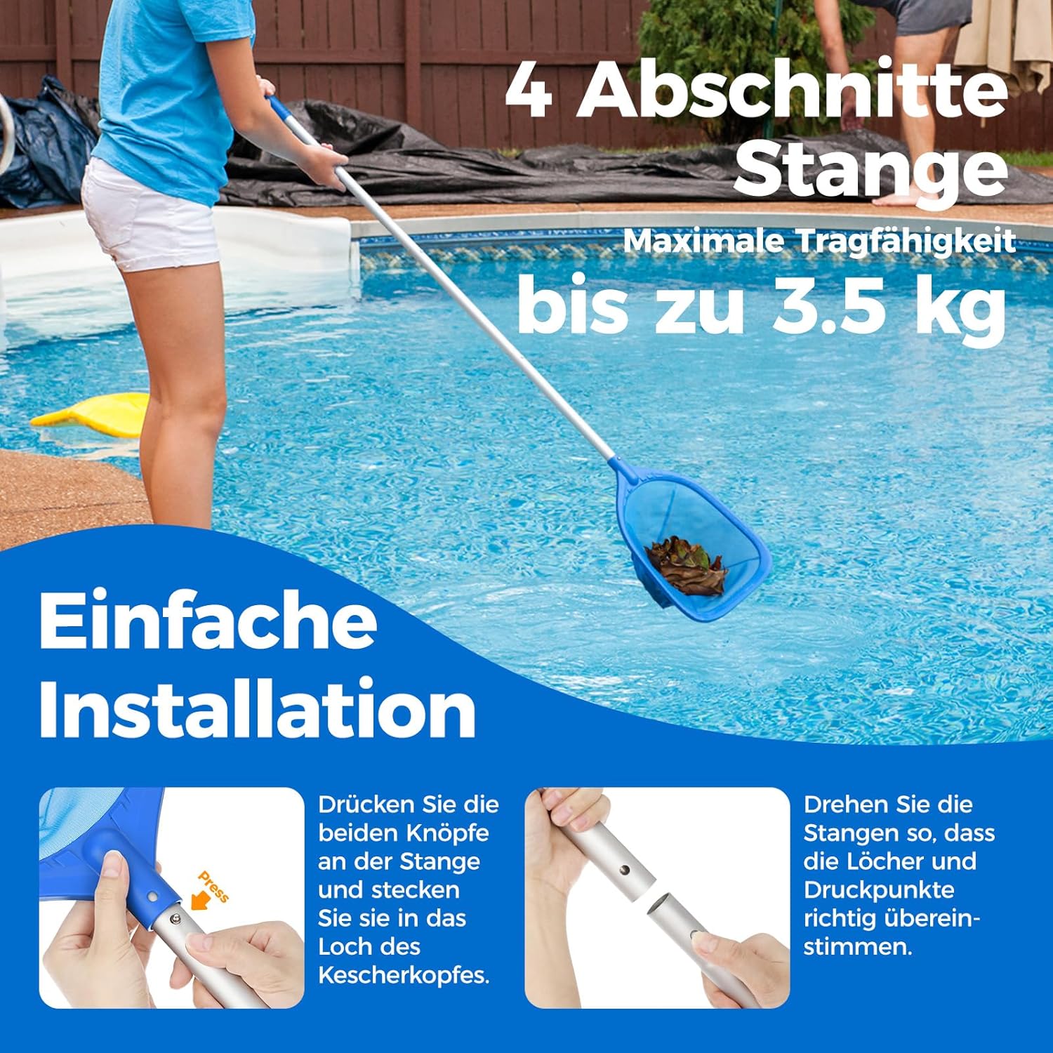 Detalle de Mowend 145 cm Skimmer Pool Kescher – Feinmaschiges Netz mit verstellbarer Stange (1,14 m Gesamt)