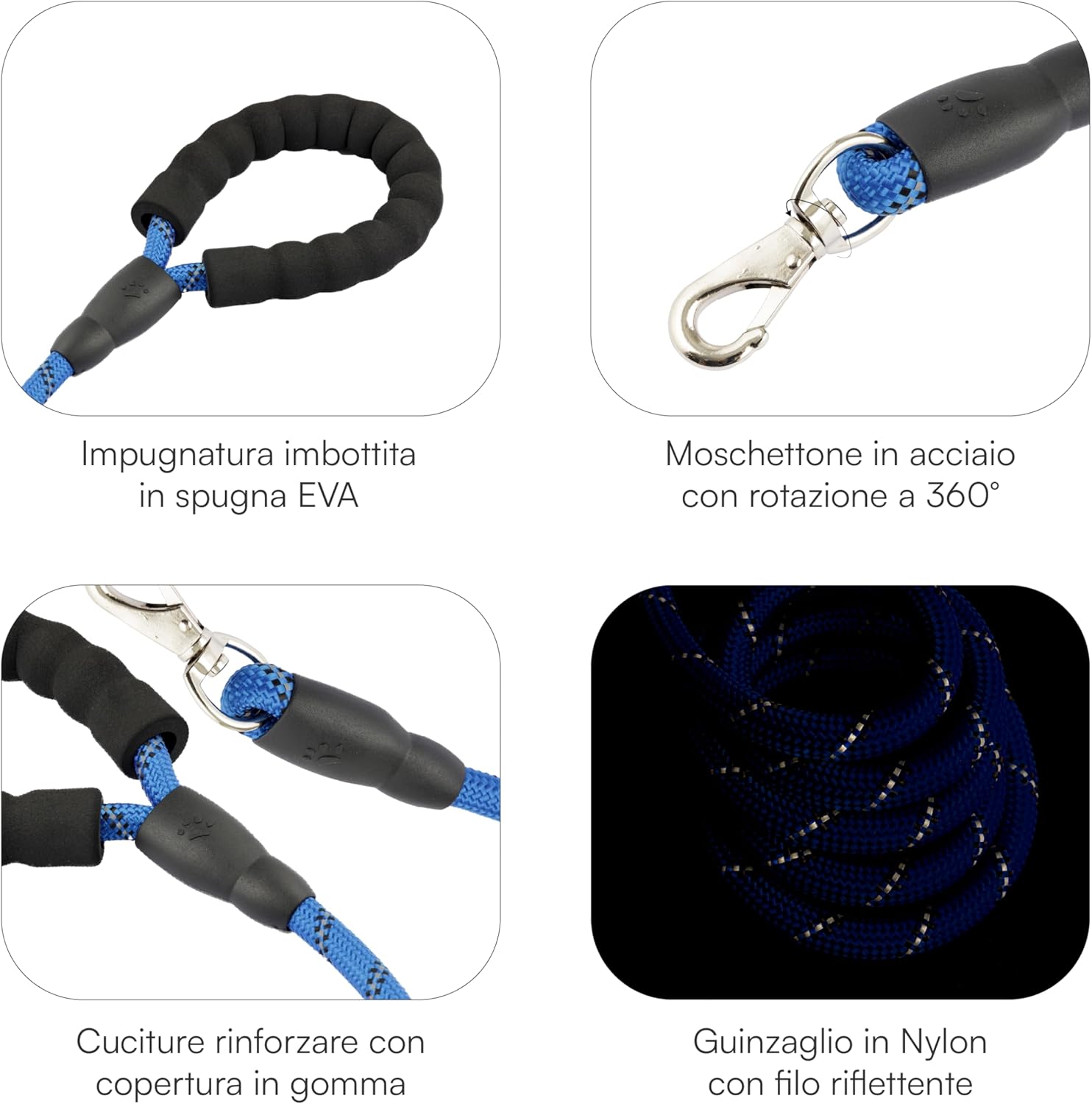 Thumbnail 4 de Guinzaglio per Cani 1,5 m con Impugnatura Imbottita e Fili Riflettenti (Blu) — per Cani di Taglia Media