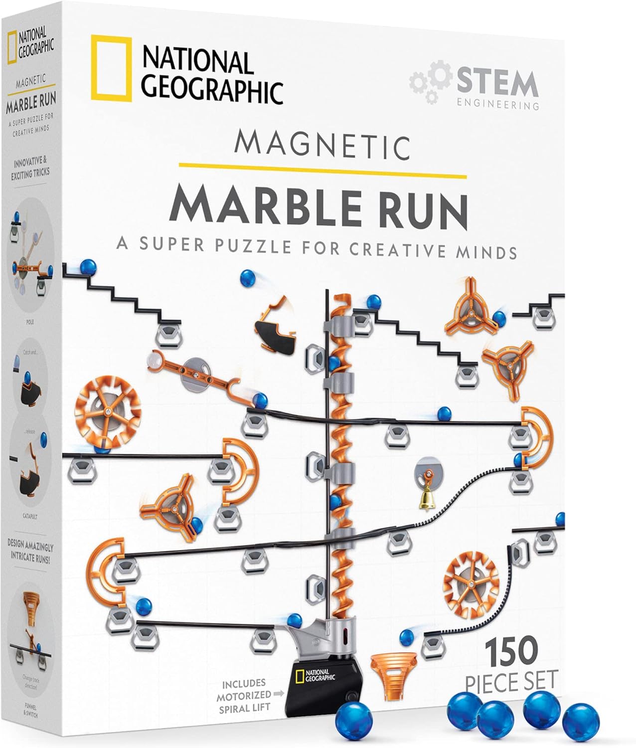 National Geographic Magnetic Marble Run (Blue Marble) — 150-Piece STEM Magnetic Track Building Set for Kids & Adults