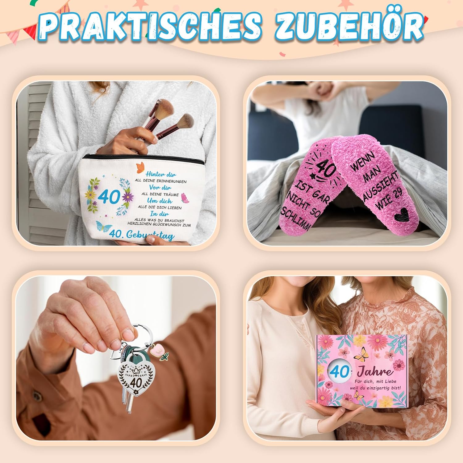 Detalle 2 de WAMIOKAGRO Geschenkset zum 40. Geburtstag: Kosmetiktasche, Socken & Schlüsselanhänger