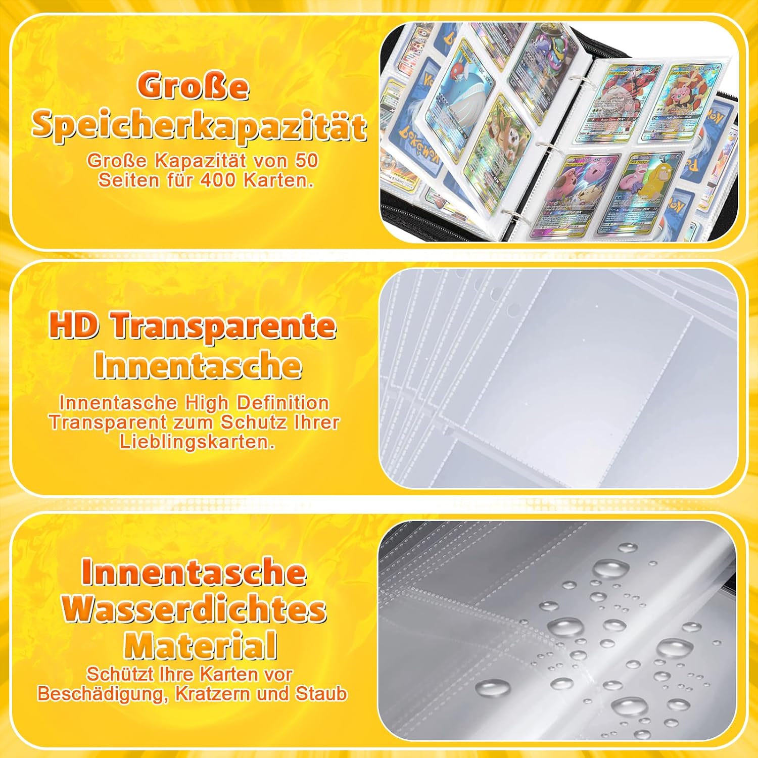 Thumbnail 3 de Sammelalbum für Pokémon Karten (PK400) – 50 Seiten, Platz für 400 Karten, wasserdichtes PU mit Reißverschluss