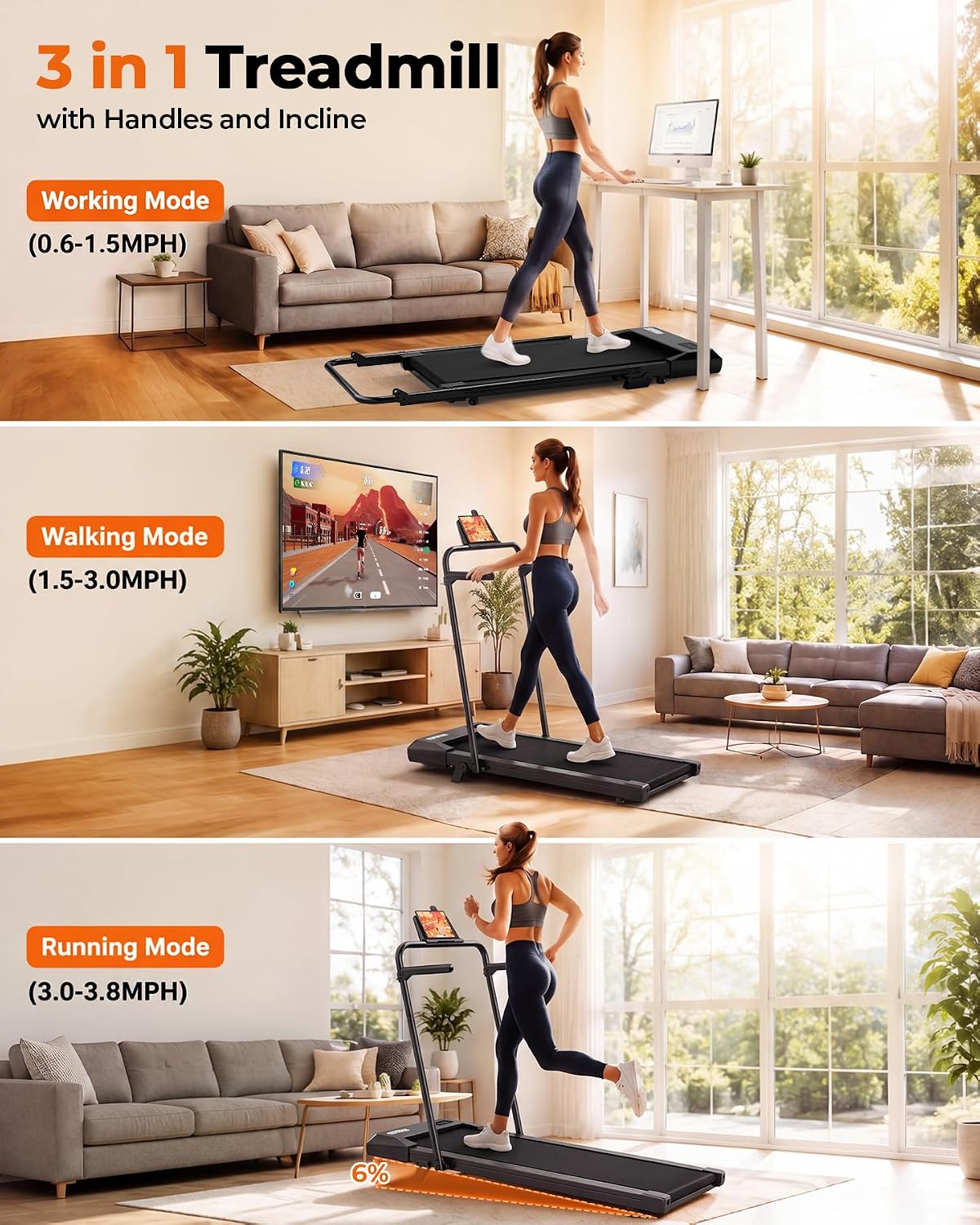 Thumbnail 1 de Superun BA10-Handle Walking Pad Treadmill, 6% Incline, Foldable Handrails