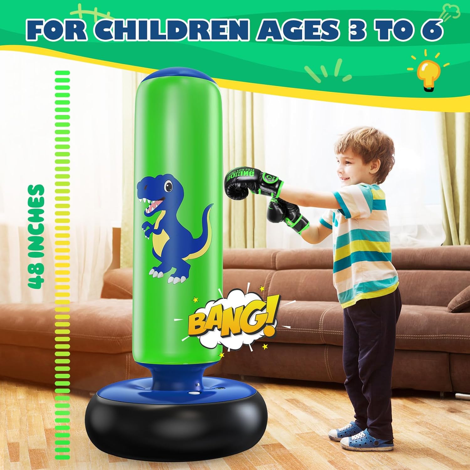 Thumbnail 3 de QPAU Inflatable Kids Punching Bag (66 inch) with Dinosaur Boxing Gloves – training toy for ages 3–8