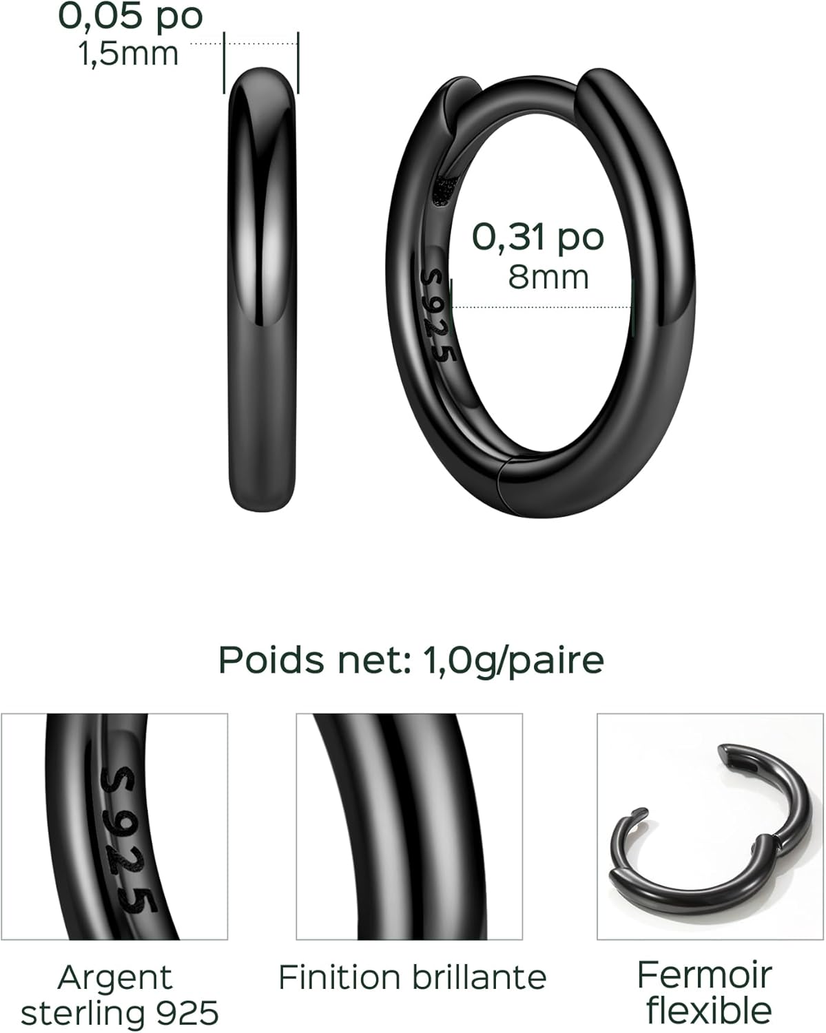 Thumbnail 6 de ChicSilver Petite Créoles Argent 925 Massif – Boucles d’Oreilles Mini Hoop 8–20 mm (Argent / Or / Noir / Or Rose)