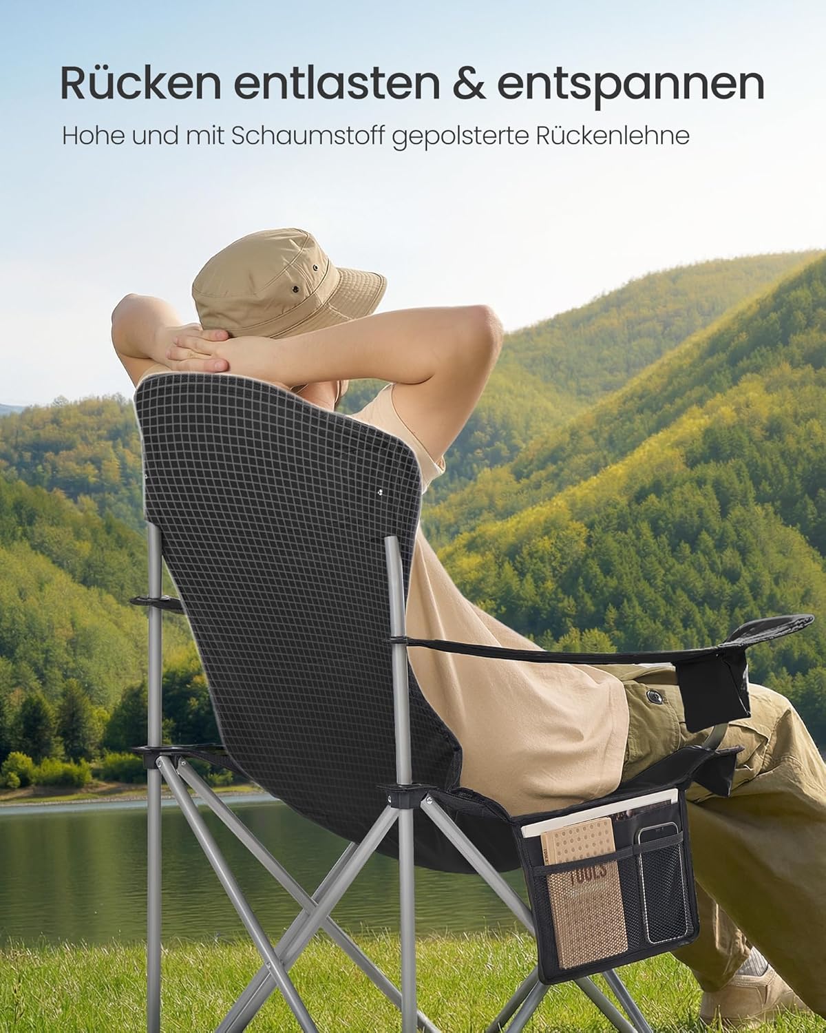 Detalle de SONGMICS Campingstuhl GCB005BH01 – klappbar, breiter Sitz, hohe Rückenlehne, inkl. Getränkehalter und Handyhalter