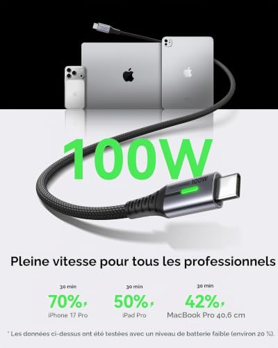 Detalle 2 de INIU câble USB-C vers USB-C 100 W, 1 m, PD 3.0 tressé avec puce E-marker