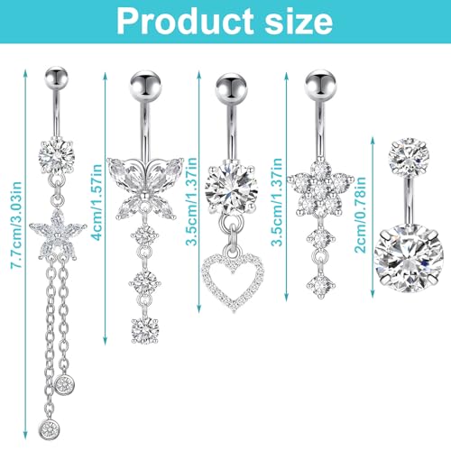 Thumbnail 1 de Kunaxku 5 PCS Piercing Ombelico G23 Titanio - Anelli CZ 5/8/10mm in Argento e Acciaio Inox