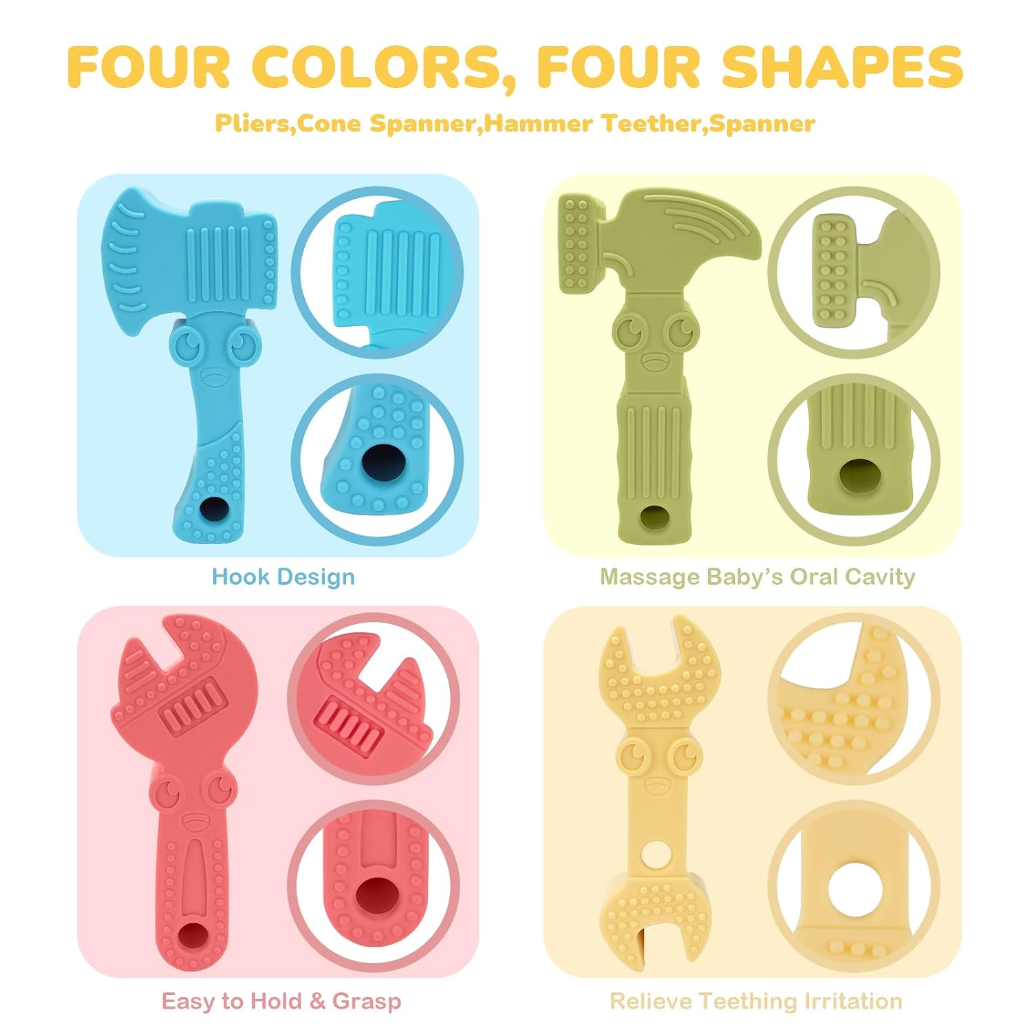 Detalle 1 de TYRY.HU Baby Teething Toys, 4-Pack Textured Silicone Tool Shapes