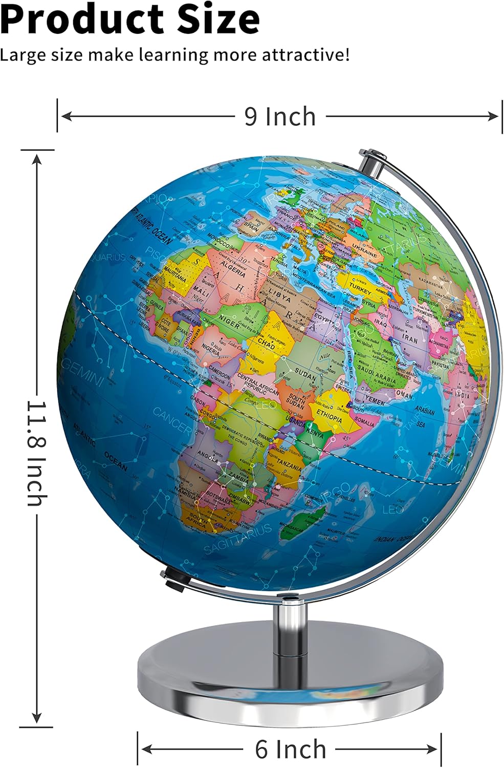 Thumbnail 2 de Waldauge Illuminated World Globe with Stand – 9" HD Map, Stable Metal Base, and LED Night Light