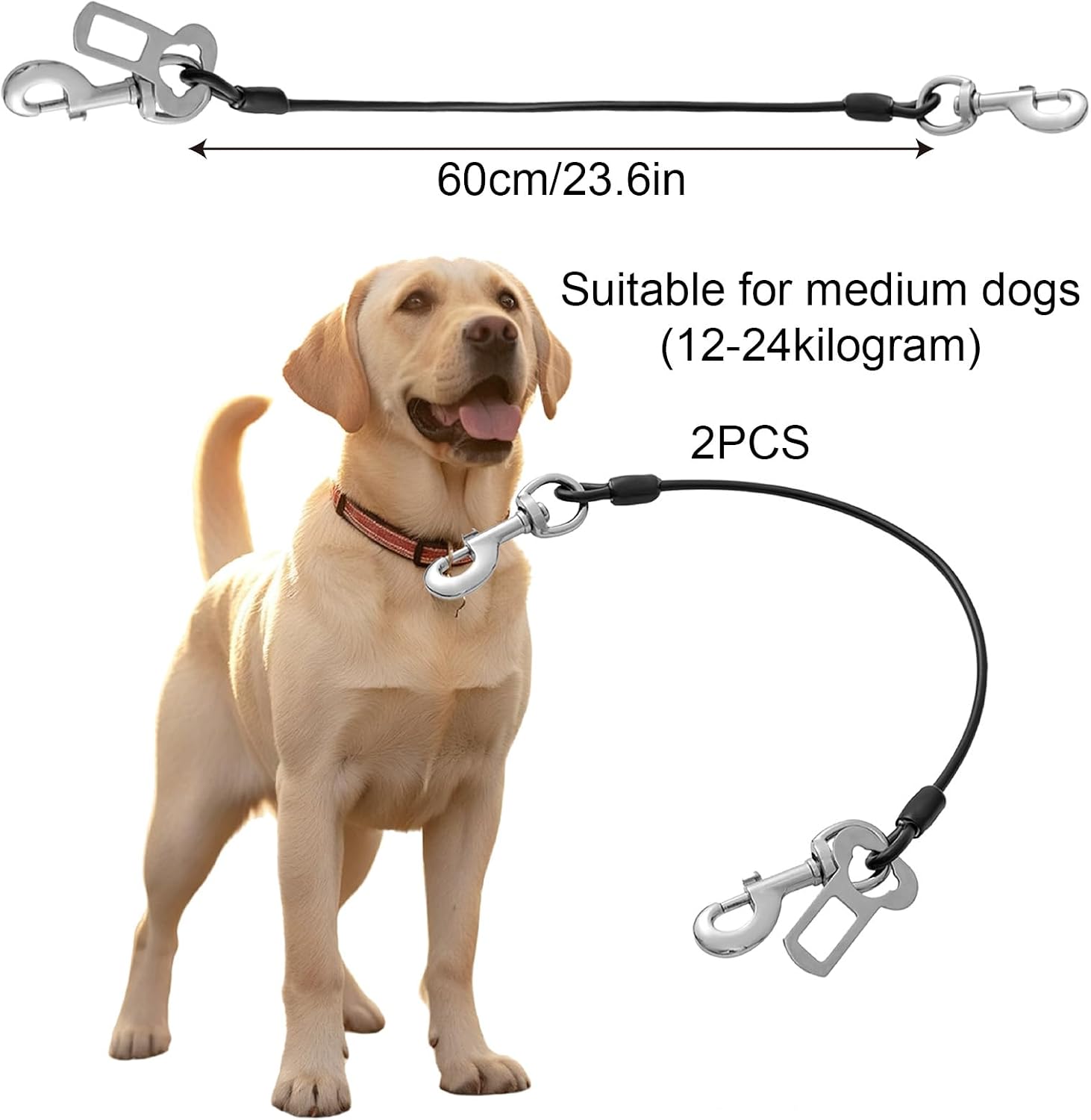 Detalle 2 de 2PCS Chew-Proof Dog Car Seatbelt, 24 inch Safety Restraint with Coated Wire and Double Clips (Black)