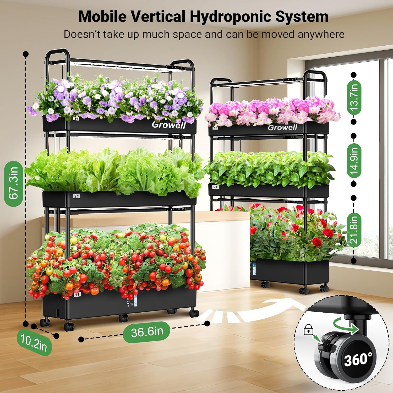 Detalle 2 de Growell 90-Pod Vertical Hydroponic Garden with 40 L Tank and Grow Lights