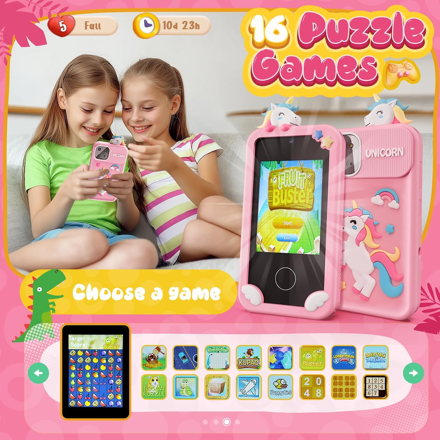 Thumbnail 3 de Luyiilo Kids Smart Phone Toy for Girls (Unicorn) with 2.8" Touchscreen, Dual Camera, 16 Learning Games