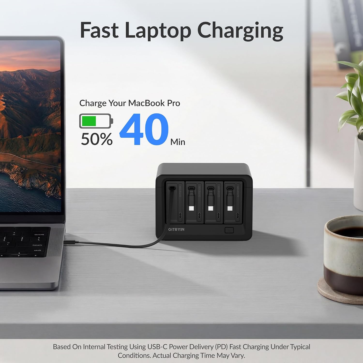 Detalle de Gitryin 12-in-1 Desktop Modular Charging Station (12-in-1, 4x65W USB-C Retractable Chargers, 33.5in Built-in Cables, ETL Surge Protector) — Black