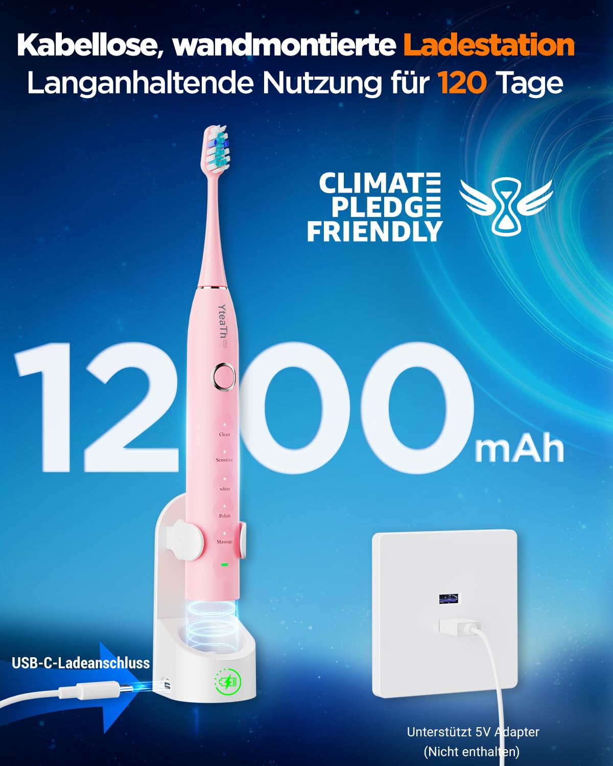 Thumbnail 3 de Elektrische Schallzahnbürste für Erwachsene und Kinder mit 5 Putzmodi, Timer und 8 Bürstenköpfen