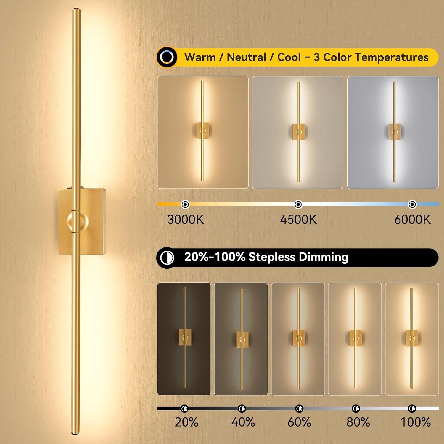 Detalle 2 de Ouyulong WS-04 Battery-Operated Wall Sconces, 31.6in Gold, Set of 2