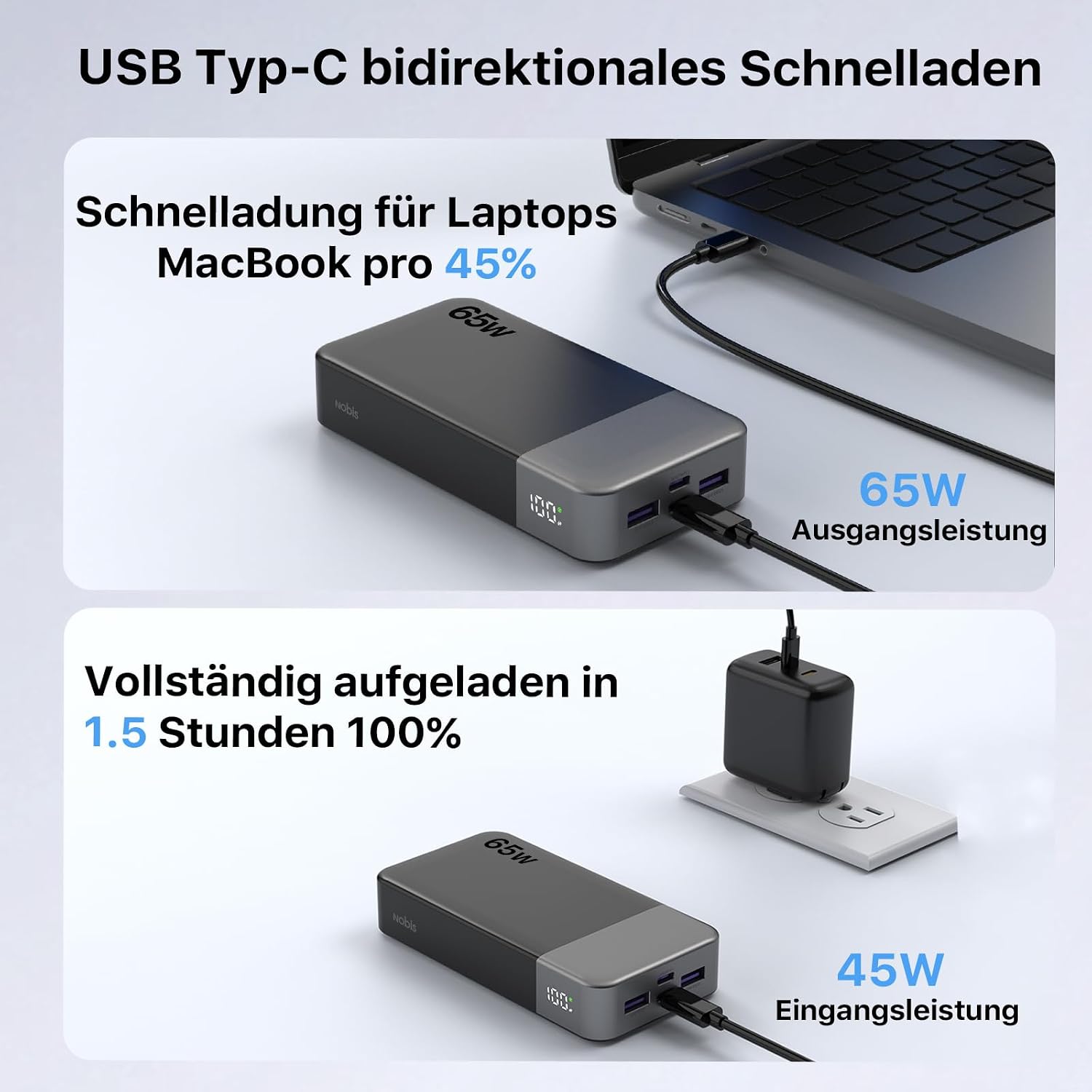 Thumbnail 5 de NOBIS 65W Power Bank 20000mAh – 4 Ports (USB-C + USB-A) mit Digital Display