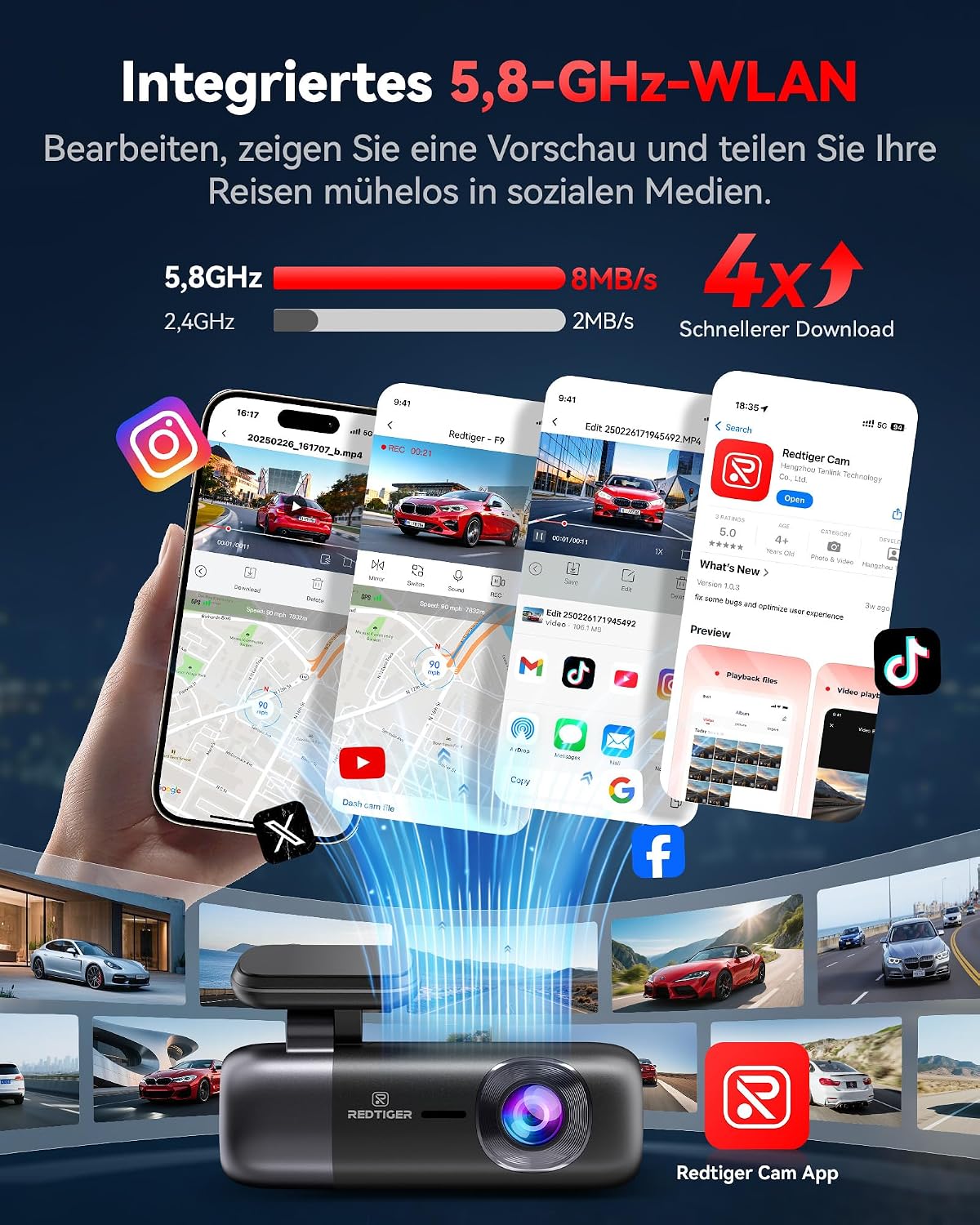 Thumbnail 1 de REDTIGER F9 Dual-Dashcam – Front 4K / Rückkamera 1080p mit GPS, WLAN 5,8 GHz und App-Steuerung