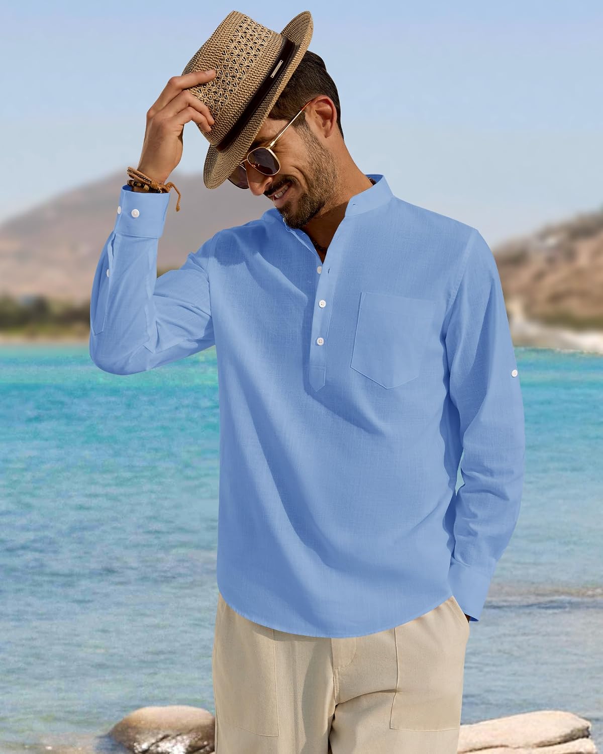 Detalle de J.VER Hemd Herren Baumwolle Leinenhemd Henley Langarm – Regular Fit, atmungsaktiv, mit Brusttasche