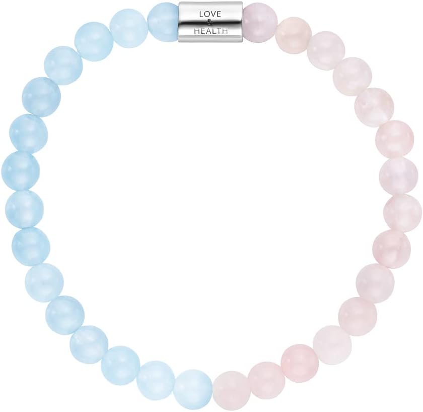 Detalle de Engelsrufer Damen Stretch-Armband aus Sterling Silber – Rosenquarz & Blauer Achat, Love & Health Gravur, Größe S