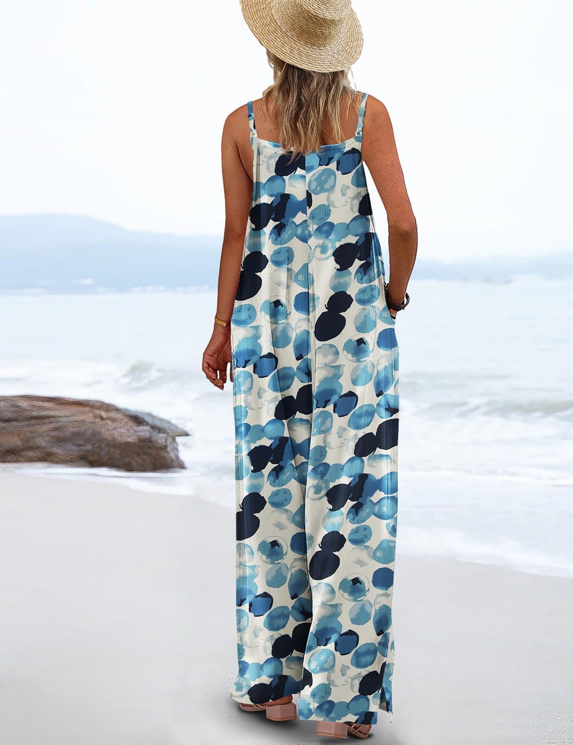Detalle de YESNO Women’s Summer Boho Cotton Jumpsuit with Wide-Leg Overalls, Floral Print & Pockets