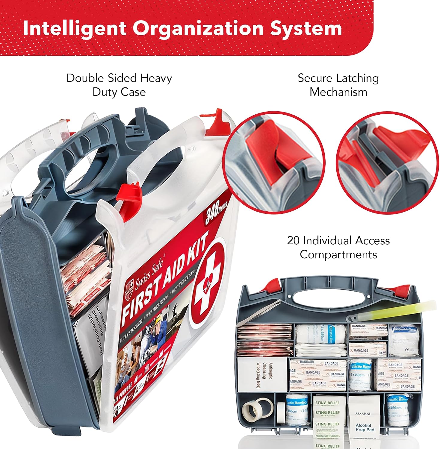 Detalle de Swiss Safe 2-in-1 First Aid Kit for Car, Travel and Home – Large 348-Piece Case + Bonus Mini Kit
