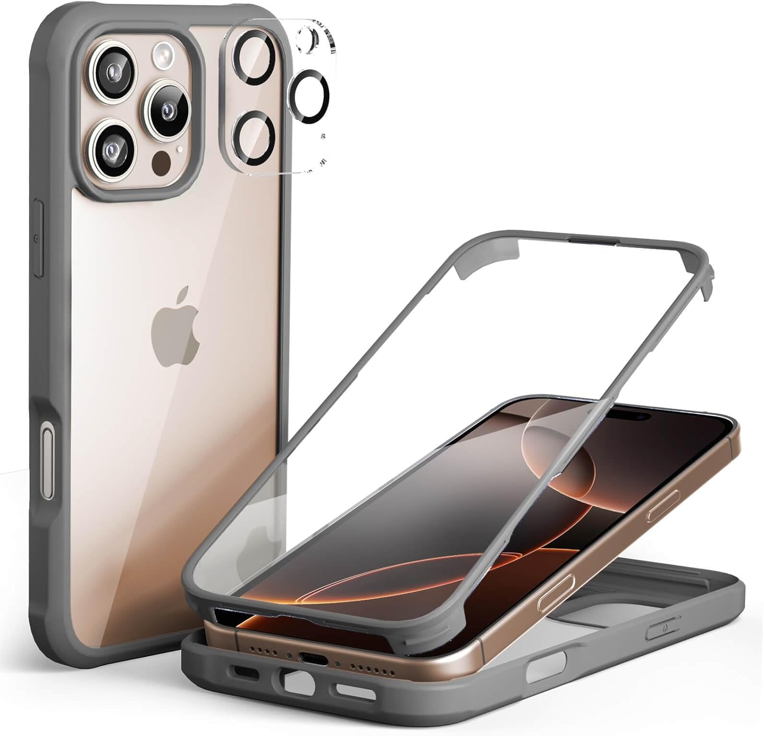 Detalle de Leedia 360° Schutzhülle für iPhone 16 Pro Max (6,9") mit integriertem Displayschutz + 2× Kameraschutz – Grau
