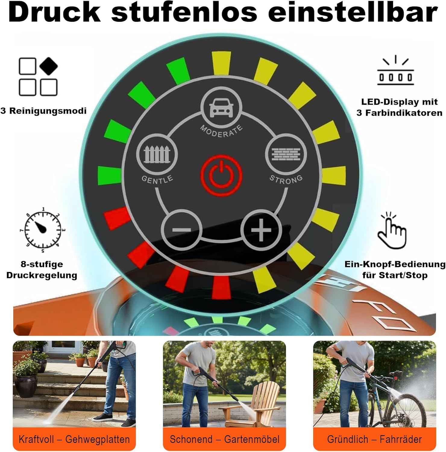 Thumbnail 2 de Hochdruckreiniger Touchscreen – 8-stufig, 200 bar, 6-in-1-Düse, Schaumkanone, 60 m²/h