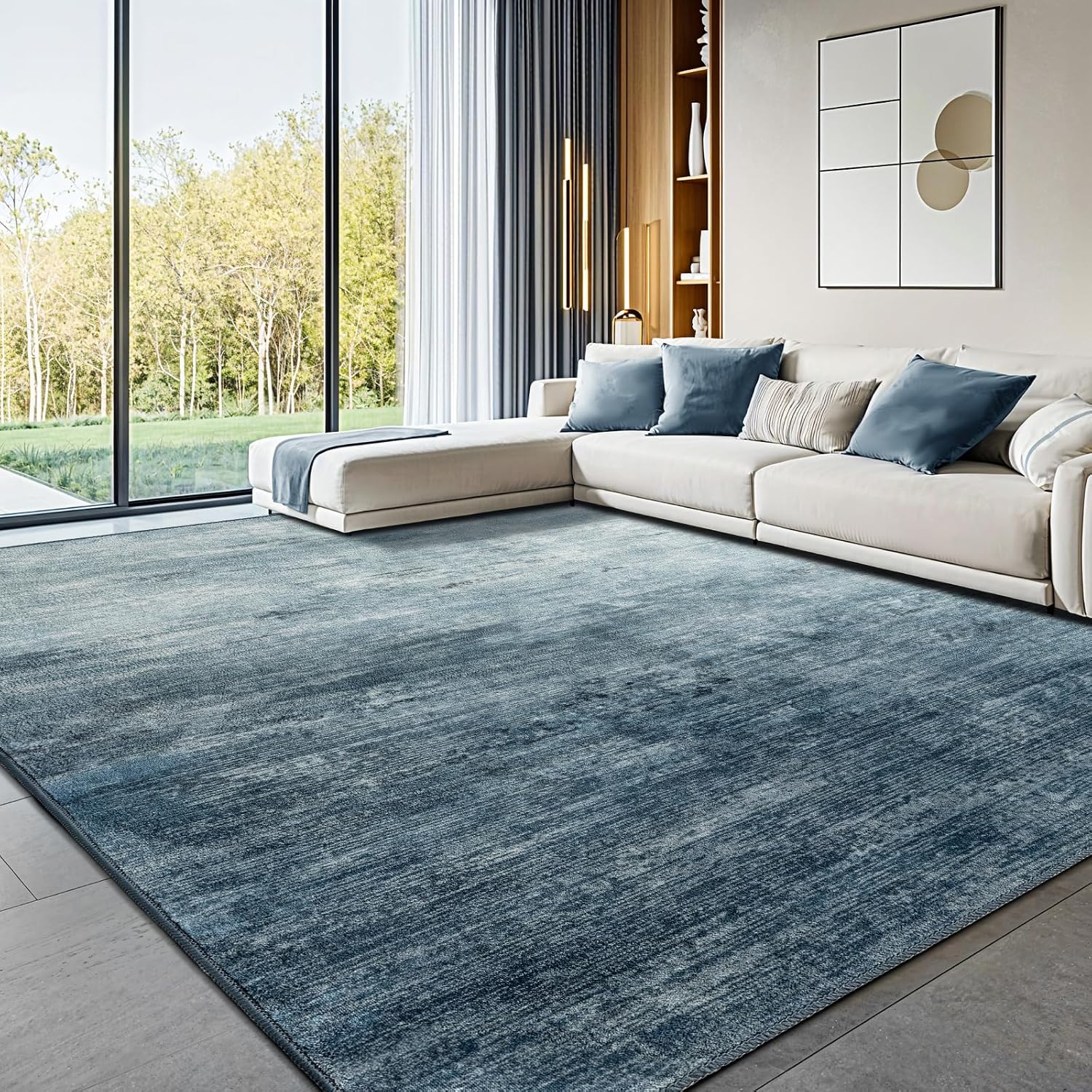 Detalle de LIANLAM QYDD5-912-BE-2 9' x 12' Washable Blue Low-Pile Area Rug