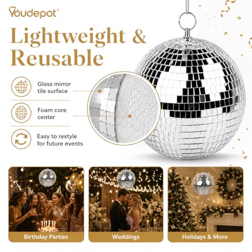 Thumbnail 8 de Youdepot 20 cm Disco Ball 2 Pack – Silver Hanging Mirror Balls for Weddings, Parties and Home Décor