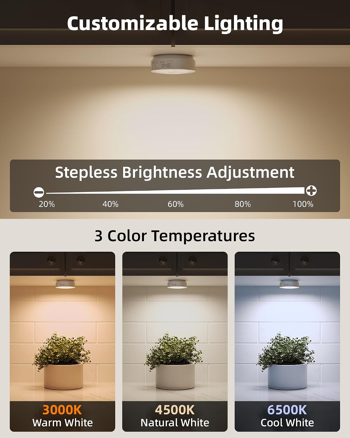 Detalle de EZVALO Motion Sensor Puck Lights, USB-C Rechargeable, Dimmable, 3 Color Temps