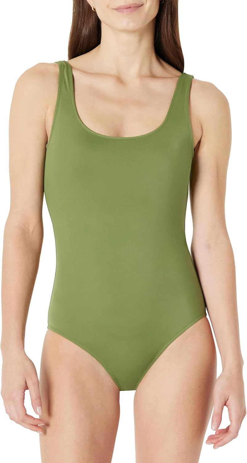 Detalle de Amazon Essentials Damen Einteiliger bedeckender Badeanzug mit Rundhalsausschnitt – Übergrößen verfügbar