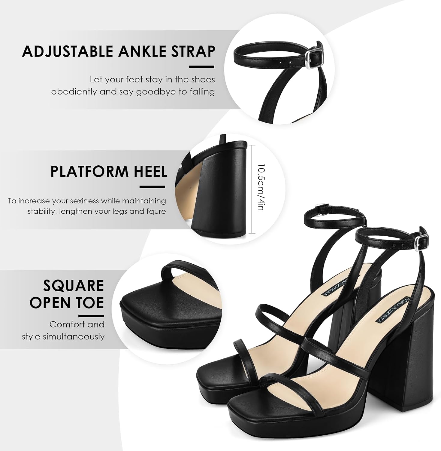 Detalle de MIRAAZZURRA Platform Heels for Women, 4-Inch Block Heel, Square Toe