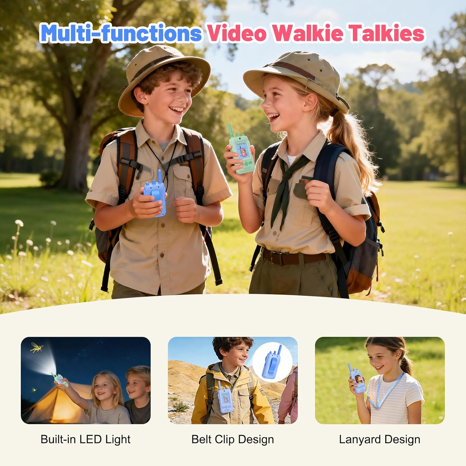 Thumbnail 2 de GREENKINDER Video Walkie Talkie für Kinder mit Kamera (Sprechen & Sehen gleichzeitig) – 2er-Set, aufladbar, mit Gürtelclip & Taschenlampe