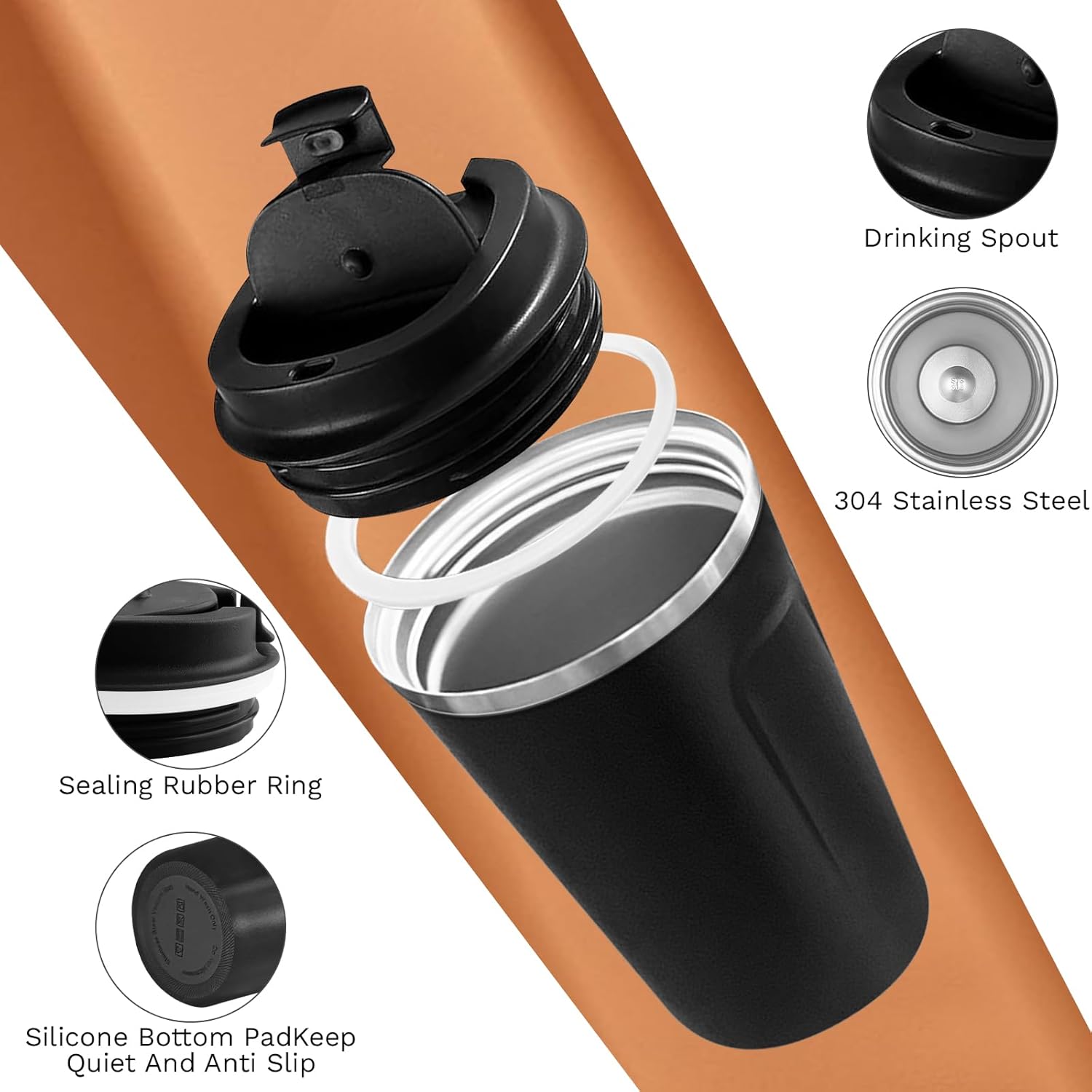 Detalle de SPLMIFA 12oz leak-proof stainless steel vacuum travel coffee mug with lid (Black)
