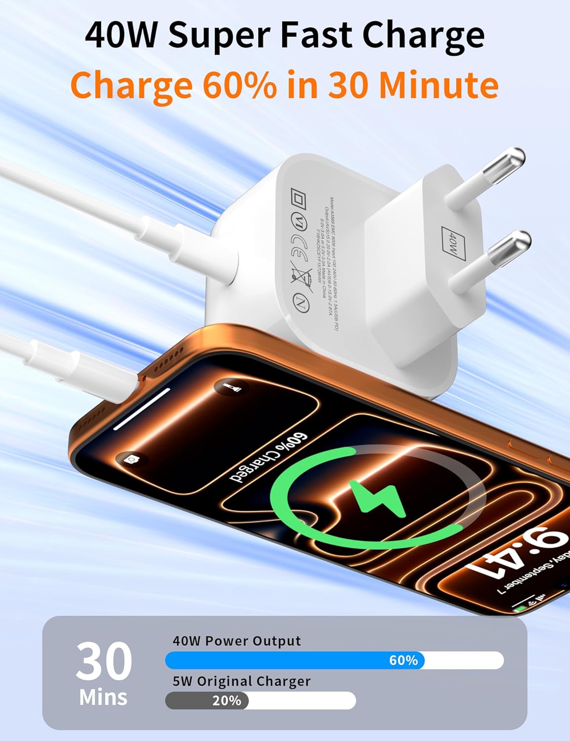 Thumbnail 4 de 40W USB‑C Ladegerät mit USB‑C Kabel (1 m) für iPhone & weitere Geräte – Fast Charger mit PD 3.0