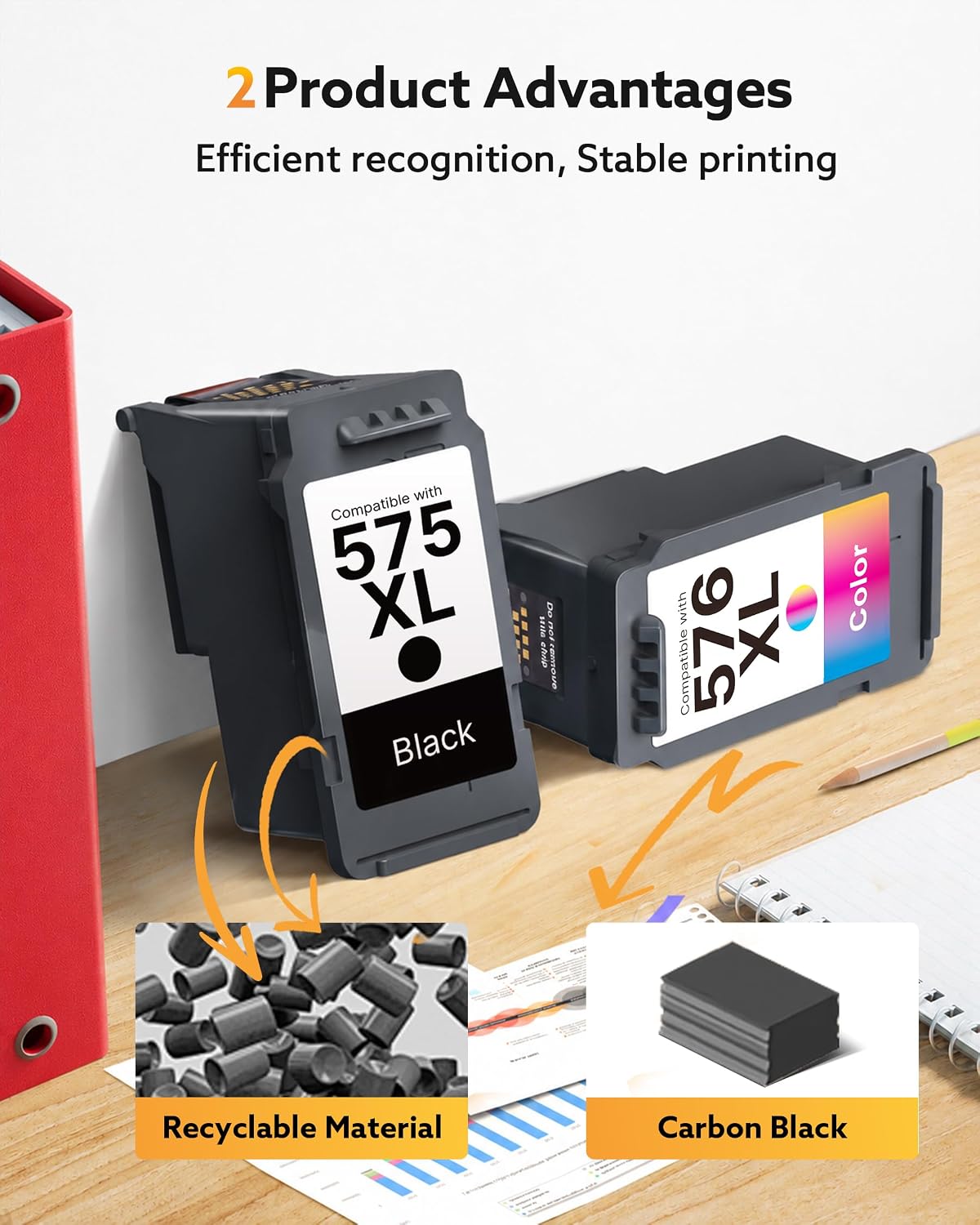 Detalle de KEENKLE 575XL/576XL Compatible Canon Ink Cartridges for Pixma TR4755i/TR4750i/TR4751i/TR4756i and TS3750/TS3751 — 2‑Pack Black PG-575XL + Colour CL-576XL