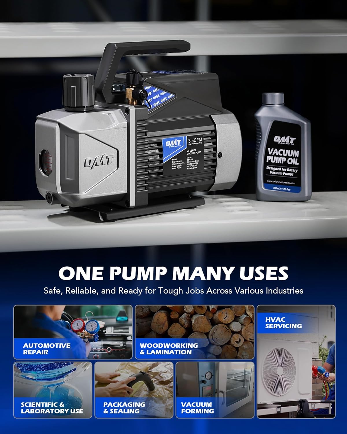 Detalle de Orion Motor Tech A2L Vacuum Pump: 3.5 CFM, 1/4 HP, Sparkless Ignition-Proof for A2L Refrigerants