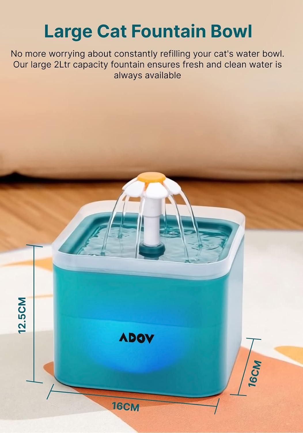 Detalle de ADOV Cat Water Fountain 2L – Quiet, Hygienic Drinking Water for Cats, Kittens & Small Dogs