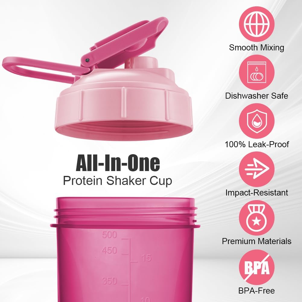 Thumbnail 5 de Alaoo Protein Shaker Bottle 500ml, 2-Pack with Metal Mixing Ball – Black & Rose Red