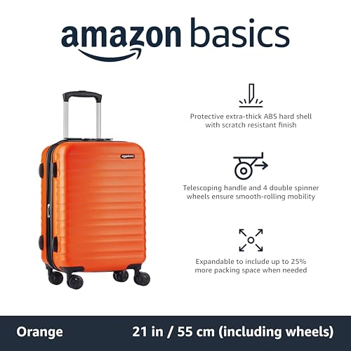 Detalle de Amazon Basics Hard Shell Small Suitcase (Burnt Orange) – 55 x 37.5 x 25.5 cm, Expandable ABS with 4 Double Spinner Wheels