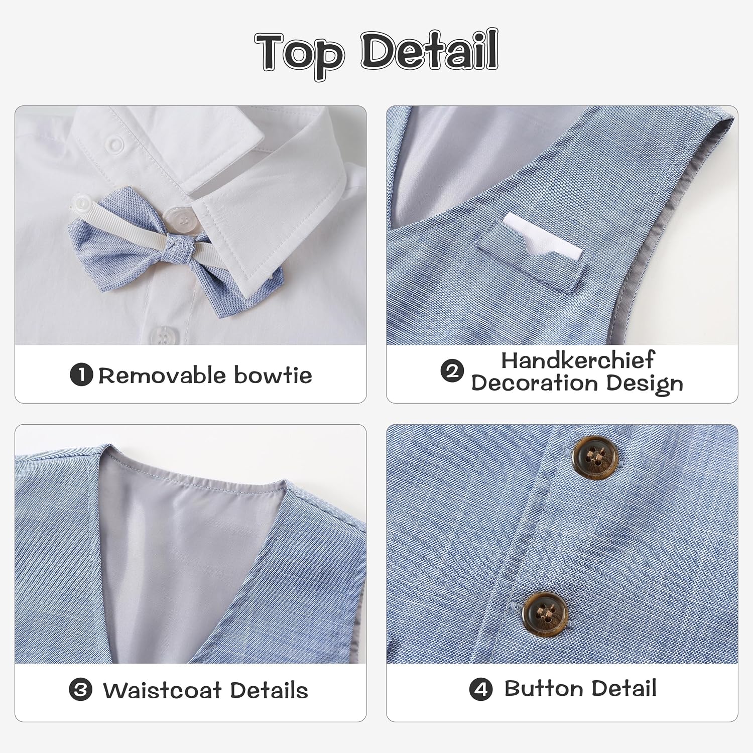 Thumbnail 5 de Volunboy 4-Pieces Baby Boys Summer Wedding Suit – Short Sleeve Shirt, Detachable Bow Tie, Vest & Shorts