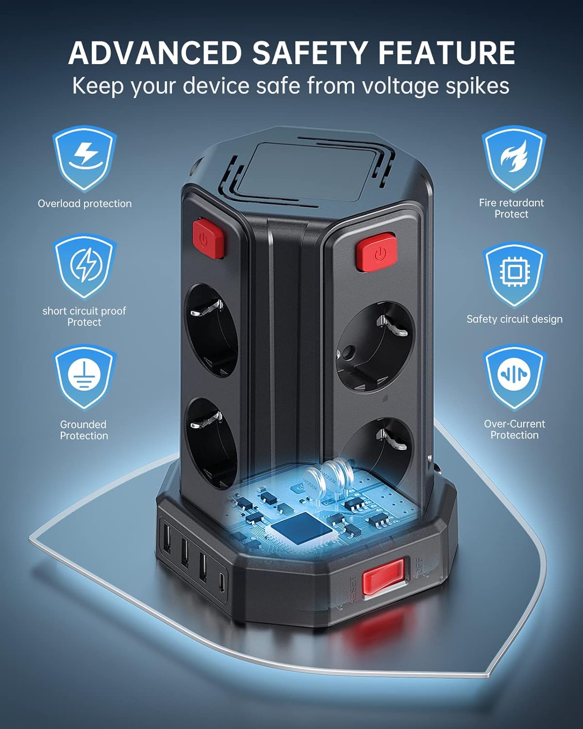 Thumbnail 6 de Sameriver 8-Fach Steckdosenleiste mit 4 USB (USB-A & USB-C) und Überspannungsschutz, 2 m Zuleitung