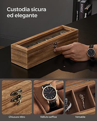 Thumbnail 3 de SONGMICS JOW006K01 scatola per orologi in legno, 6 scomparti e coperchio in vetro