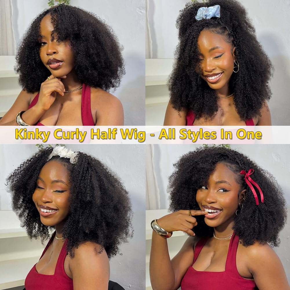 Detalle de VFFTI Kinky Curly Half Wig (Human Hair) — 3-in-1 Drawstring Seamless Flip-Over, Beginner-Friendly