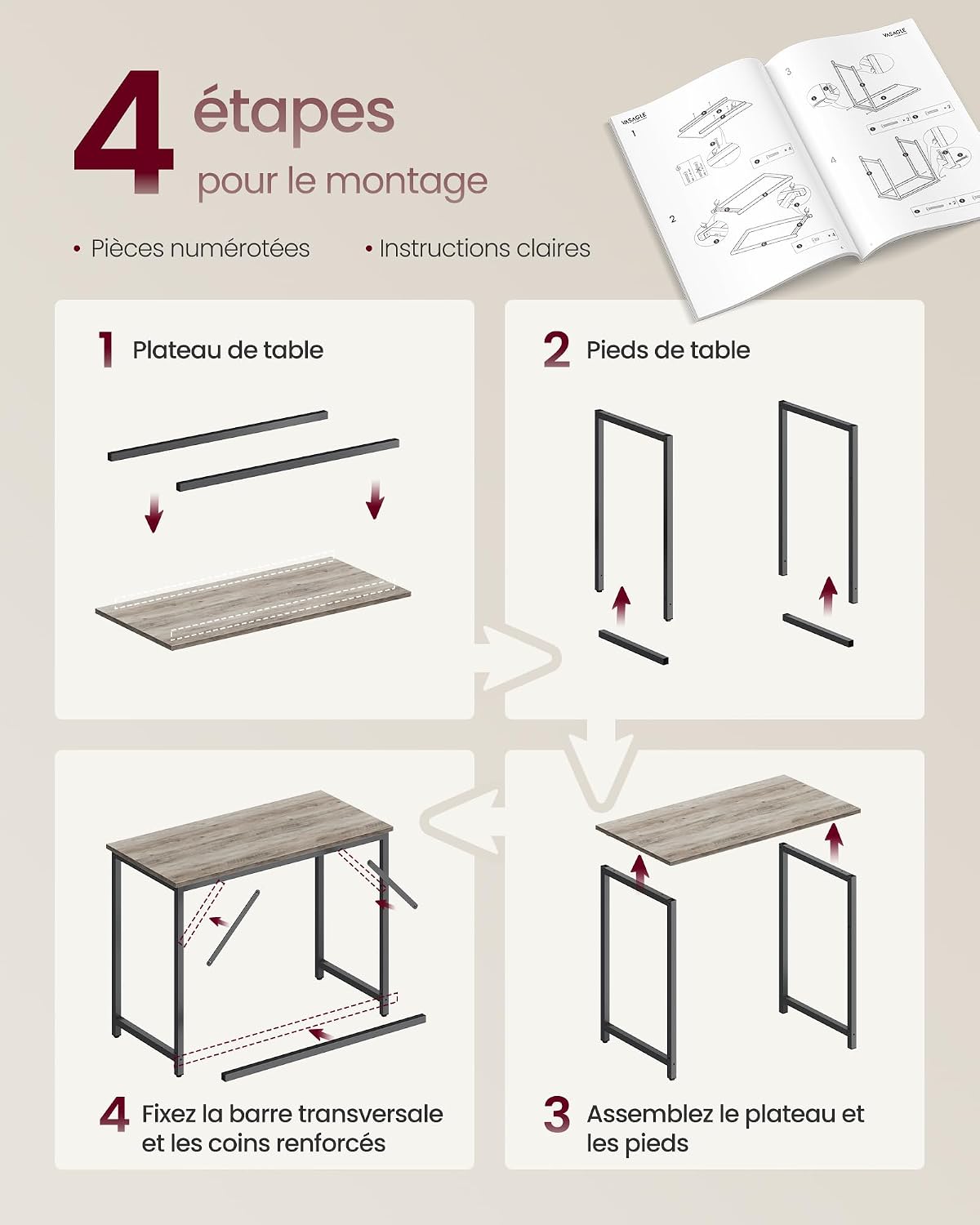 Detalle 2 de VASAGLE LWD041B02 compact bureau 100 x 50 cm, grijs en zwart