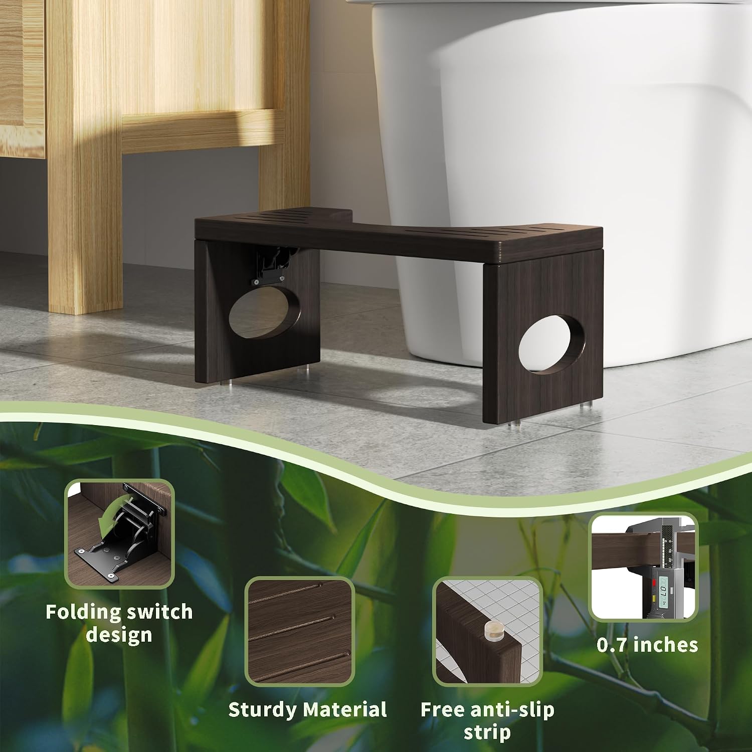 Thumbnail 3 de ROMGUAR CRAFT RAY-8695Z Bamboo Toilet Stool, 7-Inch Foldable Brown